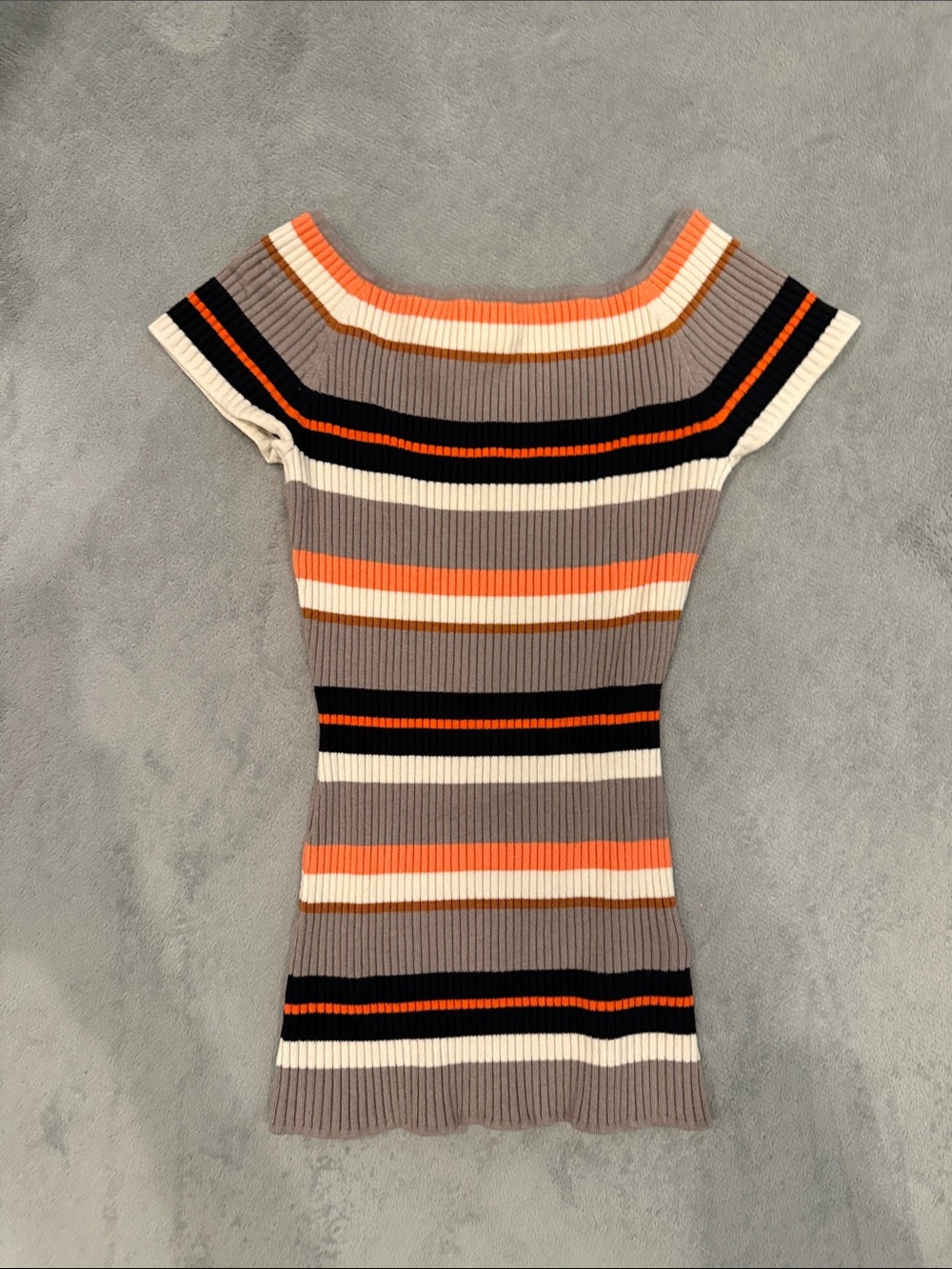 H&M Striped Ribbed Off-Shoulder Top in Coral, Cream, Taupe & Black